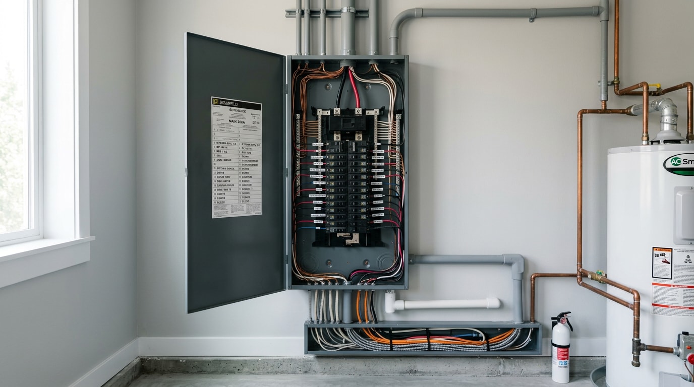 Finished residential electrical panel with labeled breakers in a Pelham, AL home renovation