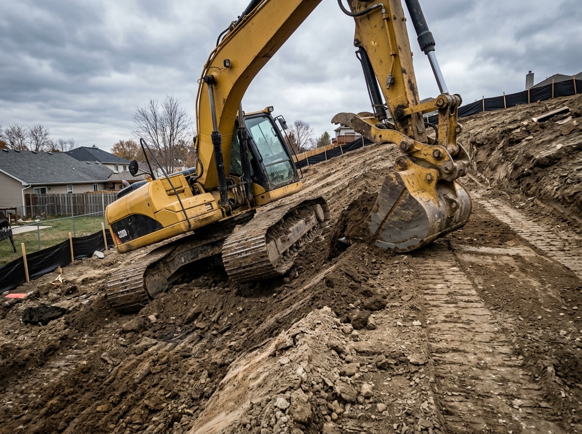 Civil engineering site-work crew operating grading equipment on a sloped residential lot