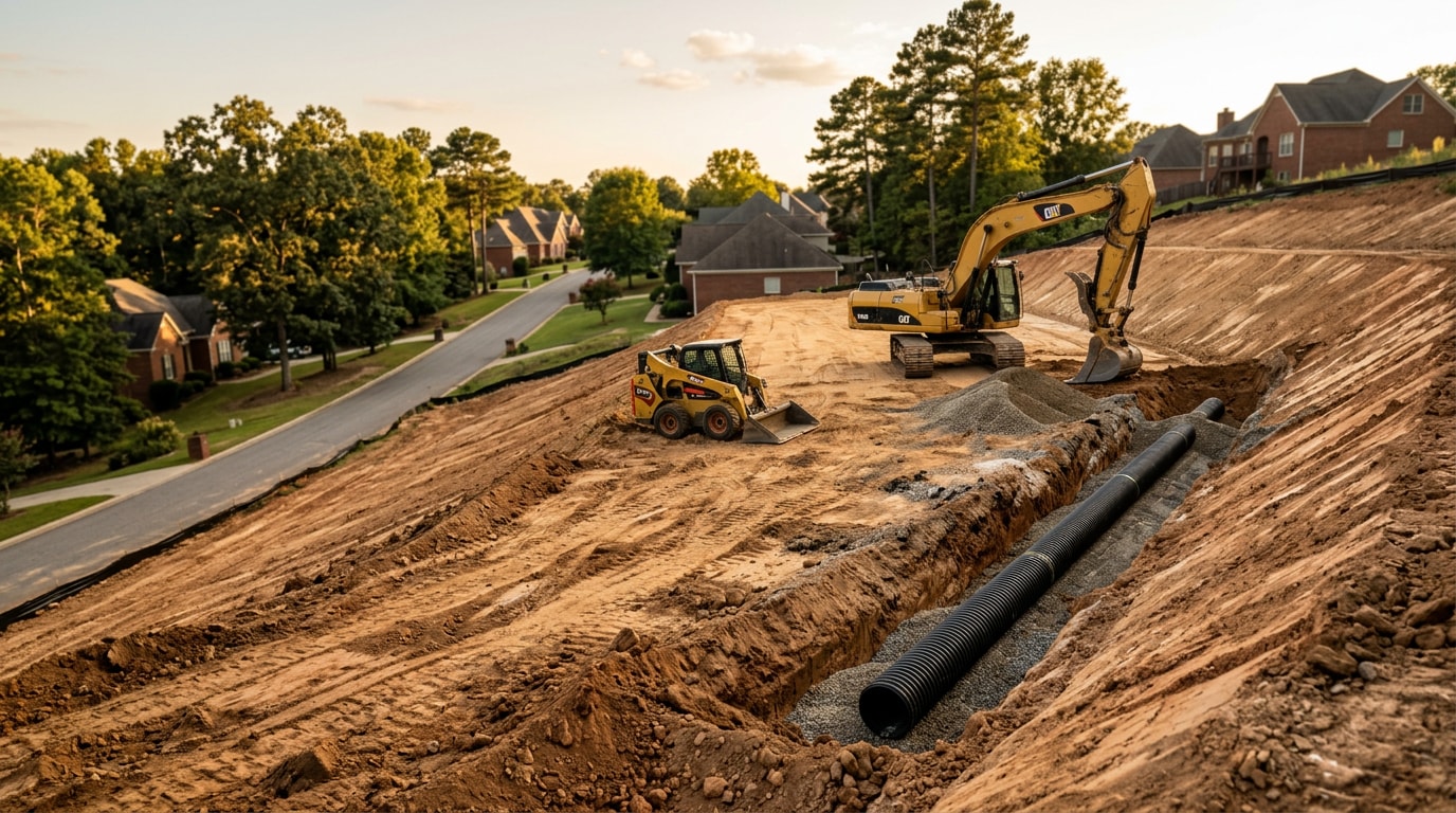 Graded residential construction site with drainage trench and grading equipment in a sloped Alabama neighborhood Graded residential construction site with drainage trench and grading equipment in a sloped Alabama neighborhood