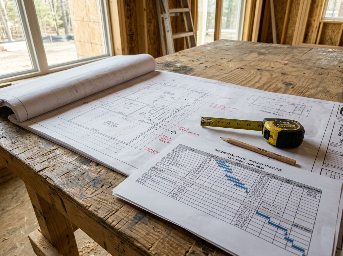 general contractor reviewing a project schedule and blueprints on a Mountain Brook AL jobsite