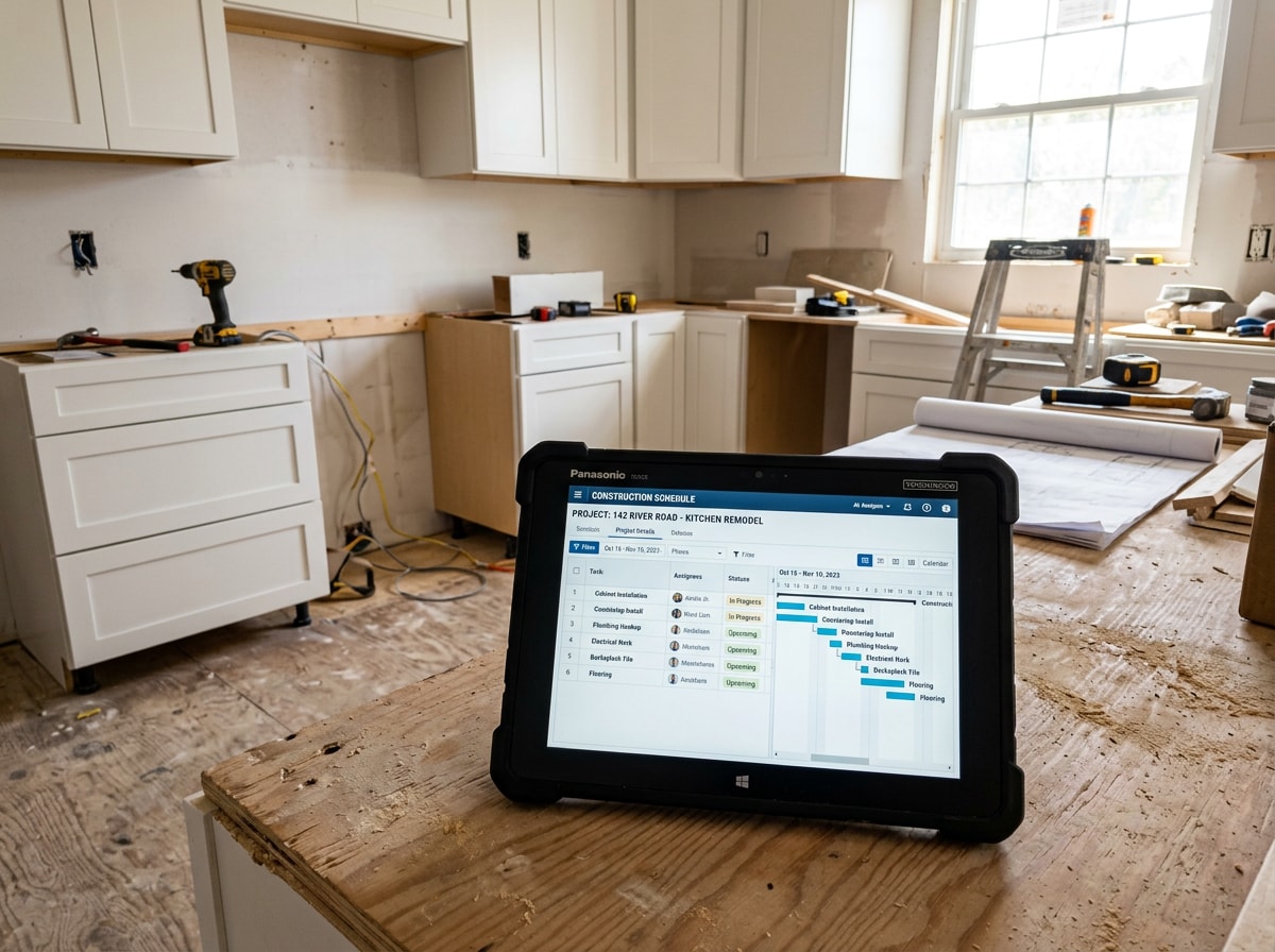 homeowner and contractor reviewing a tablet showing a construction project schedule