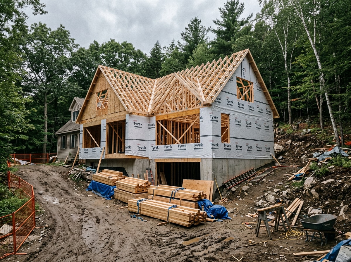 Framing stage of a home addition in progress on a wooded Chelsea, AL lot