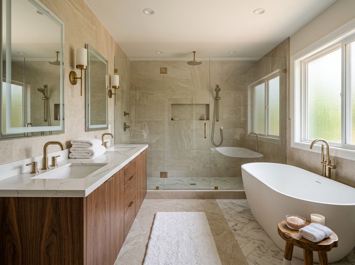 Finished custom primary bathroom with spa-style fixtures and tile shower
