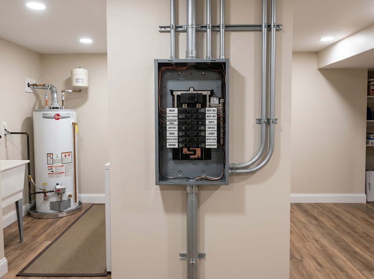 Finished electrical subpanel installed during a basement remodel in Hoover, AL