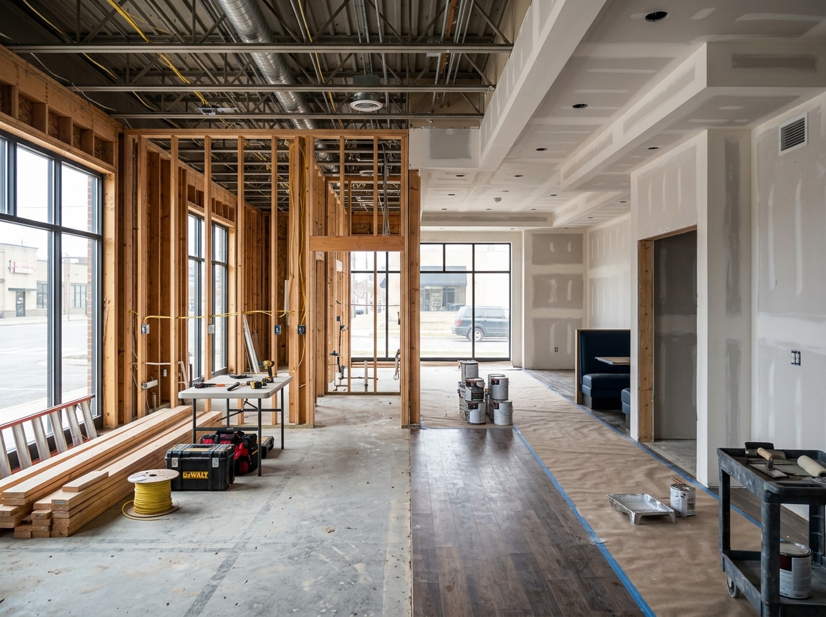 Restaurant build-out timeline showing demolition, rough-in trades, and final inspection milestones