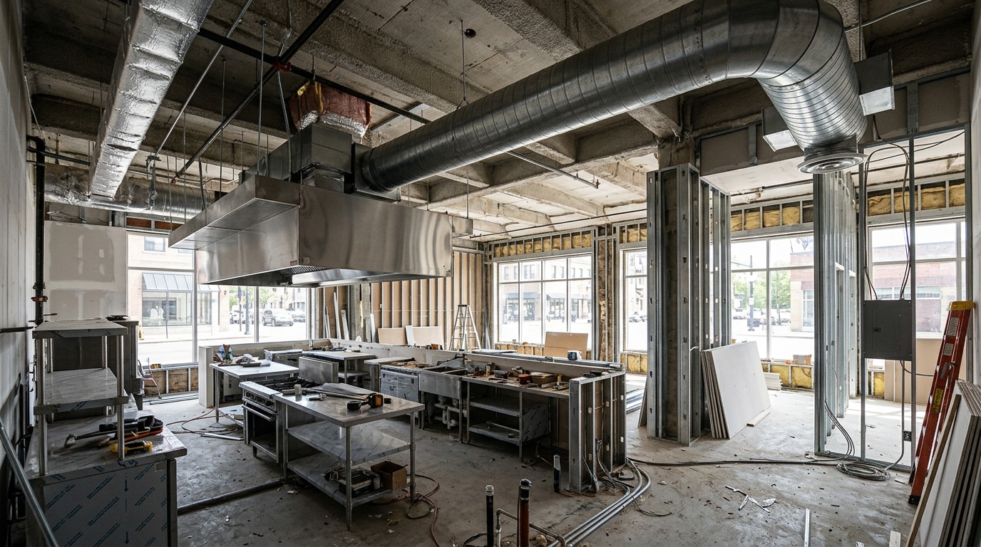 Restaurant construction build-out showing commercial kitchen hood duct installation and framed dining area
