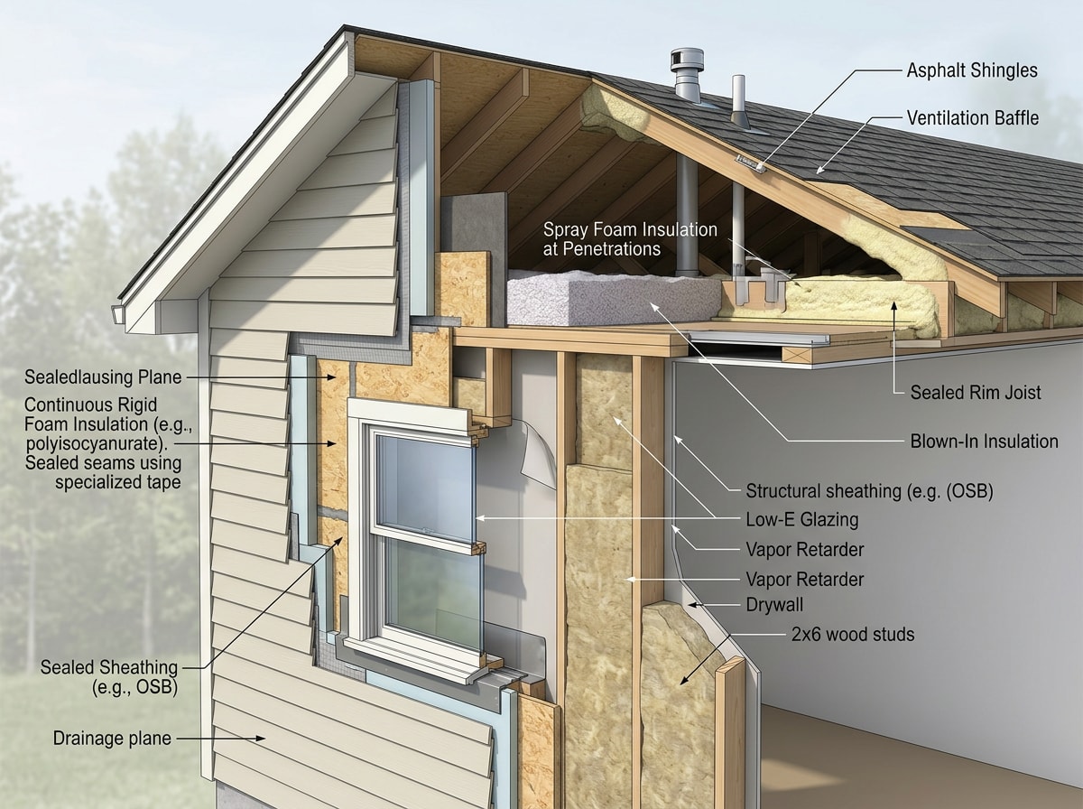 Cutaway diagram of an energy-efficient building envelope showing continuous insulation and air sealing details