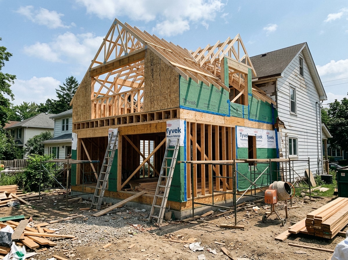 Framed home addition under construction with exposed studs and new roofline