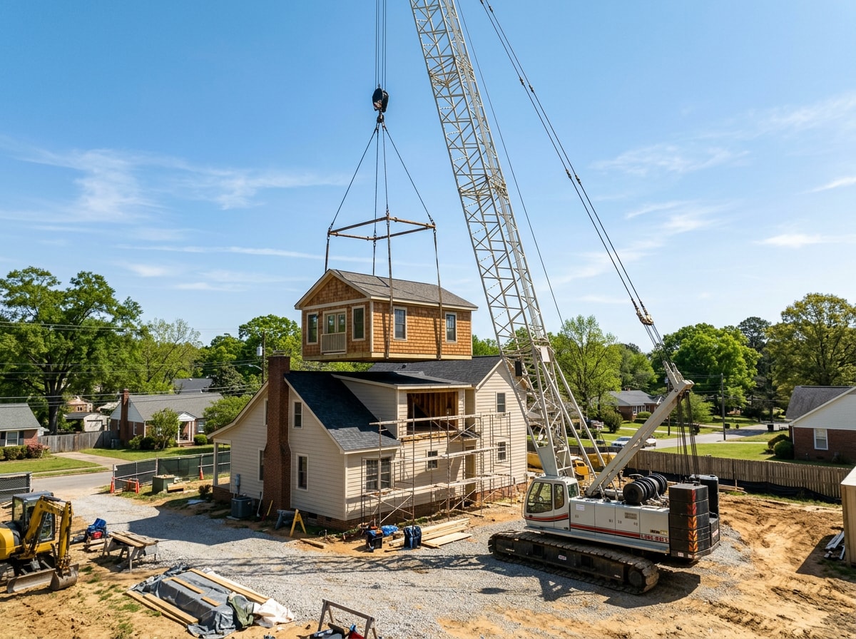 Crane setting a second-story modular addition onto an existing home