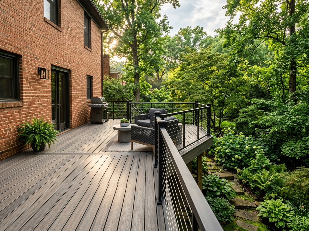 Finished composite deck attached to a brick home, built for Alabama humidity