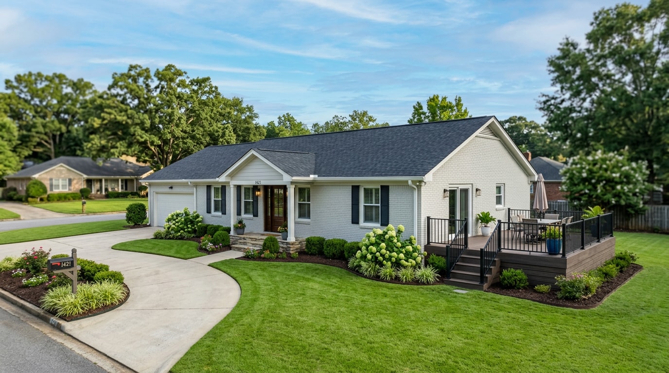 Remodeled brick ranch home exterior with a new composite deck in a Gardendale, AL neighborhood Remodeled brick ranch home exterior with a new composite deck in a Gardendale, AL neighborhood