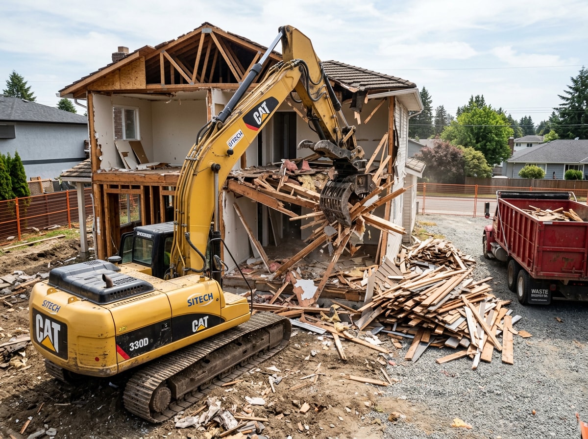 Excavator demolishing a residential structure with debris staged for haul-off in Birmingham, AL