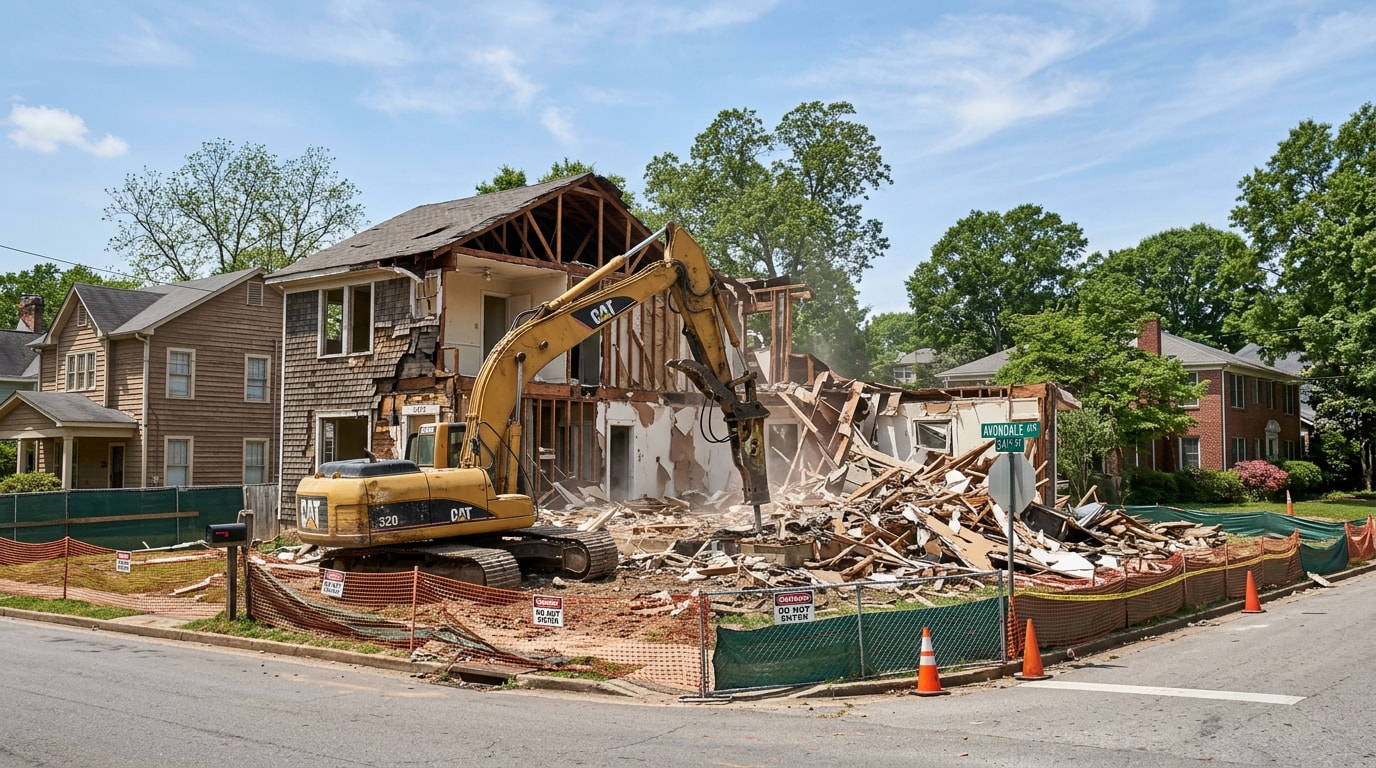 Residential house demolition in progress in Birmingham, Alabama with excavator and debris pile