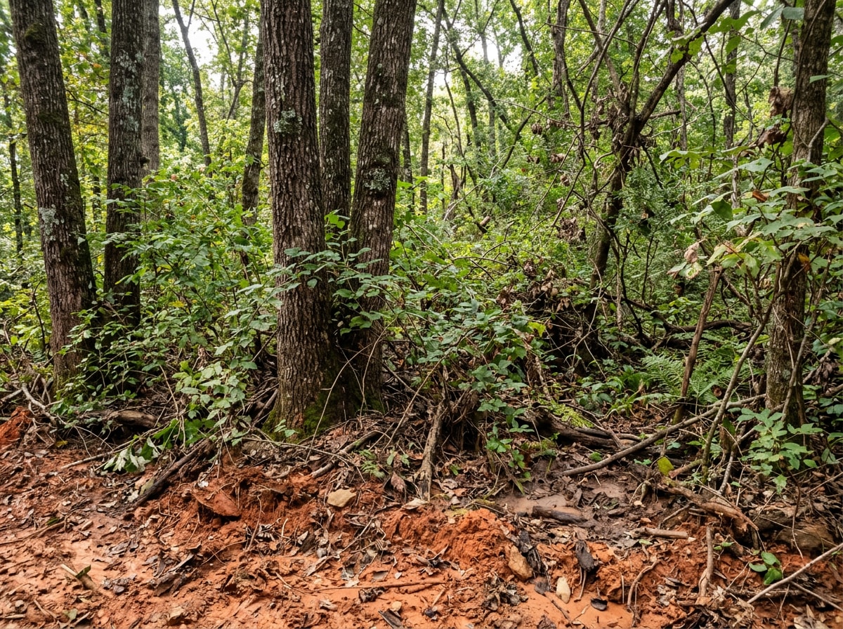 Dense, clay-soil wooded terrain typical of an Alabaster, AL lot before clearing