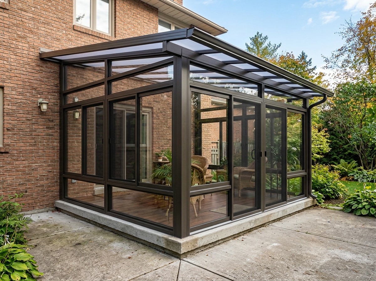 Finished 4-season sunroom addition on a brick home in Bessemer, AL with aluminum framing and insulated glass windows